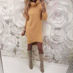 Tan Cowl Neck Midi Long Sleeve Dress